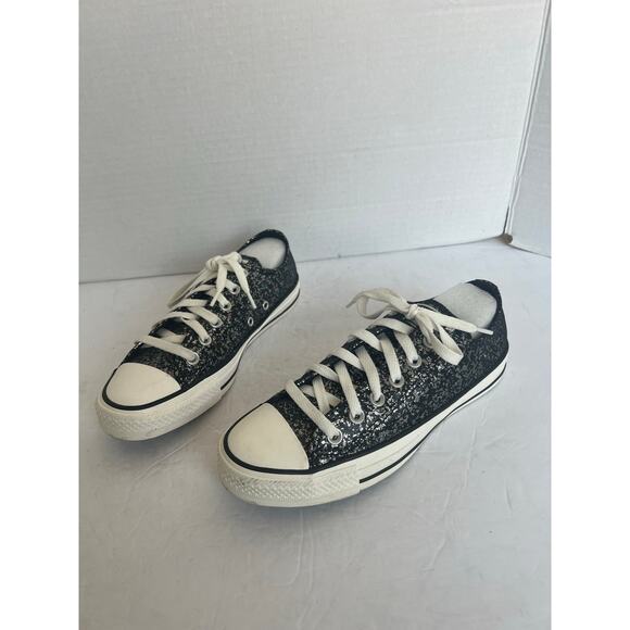 Converse Chuck Taylor All Star Black Glitter Low Top Lace Up Skater Sneakers 7 - Picture 1 of 10